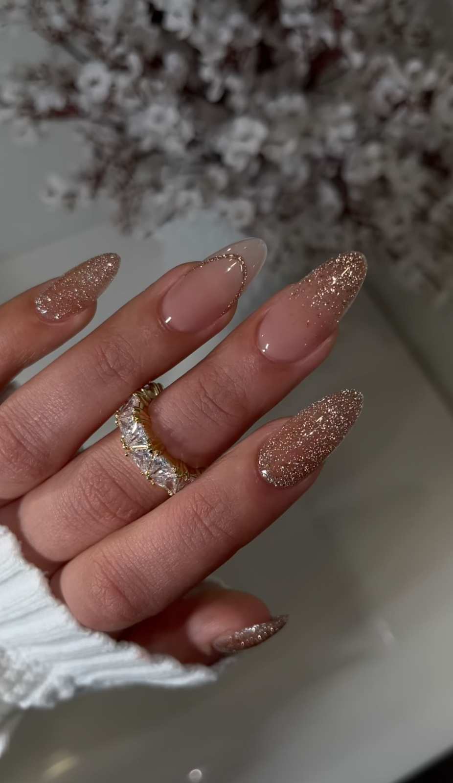 Champagne Glitter Ombre Almond Christmas Nails