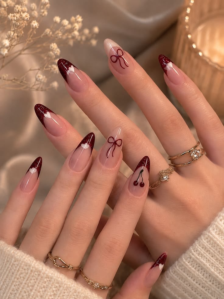 Cherry Bow French Nails