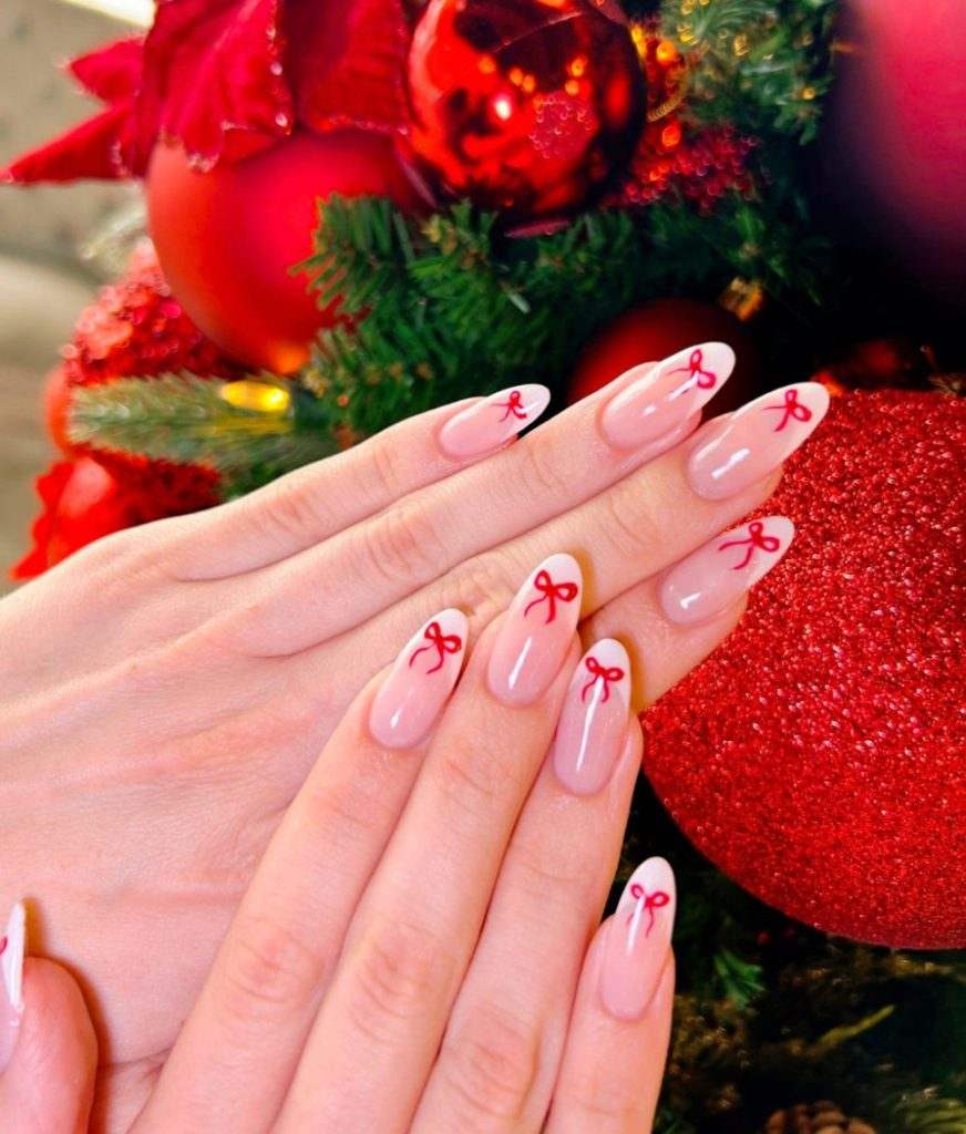 Cherry Bow Tip Pink Nails
