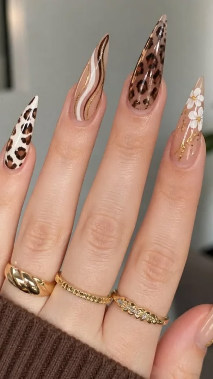 Chic Leopard Floral Stiletto Nails