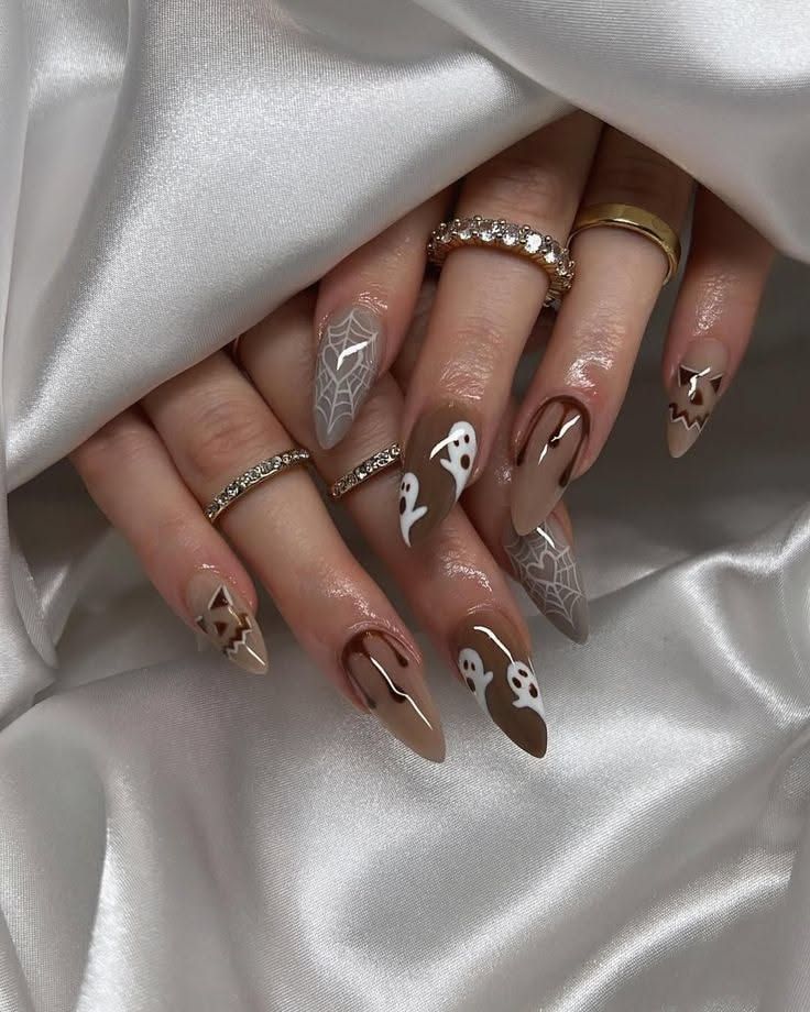 Chic Neutral Brown Spooky Ghost And Drip Halloween Almond Nails