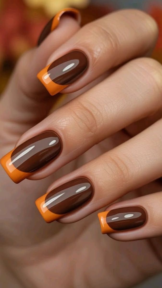 Chocolate Brown And Burnt Orange French Tip Fall Nails