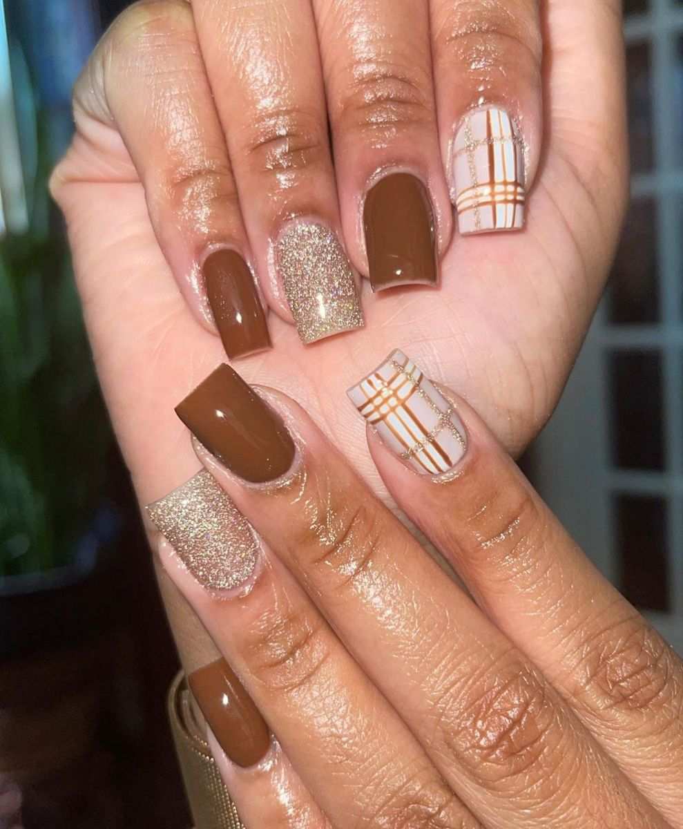 Chocolate Brown And Gold Glitter Plaid Fall Nails