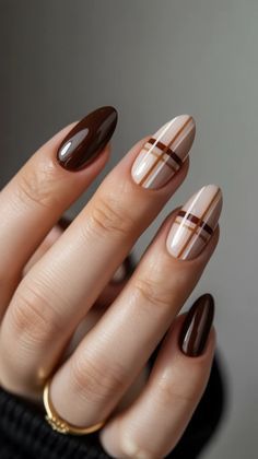 Chocolate Brown Autumn Plaid Grid Almond Nails