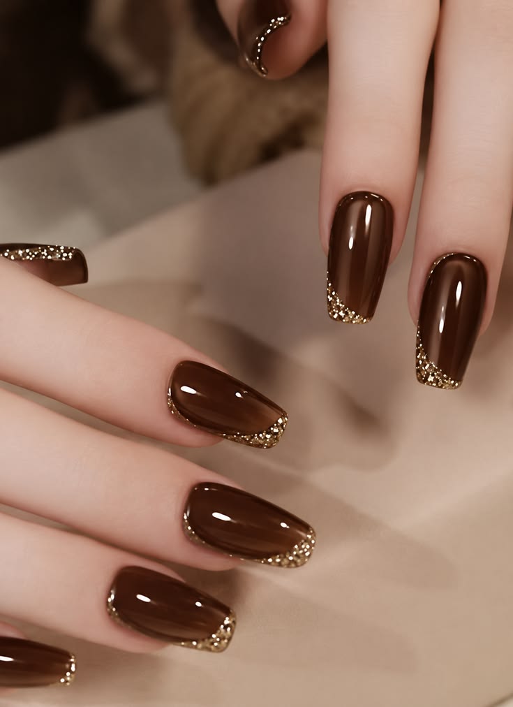 Chocolate Brown Glitter French Nails