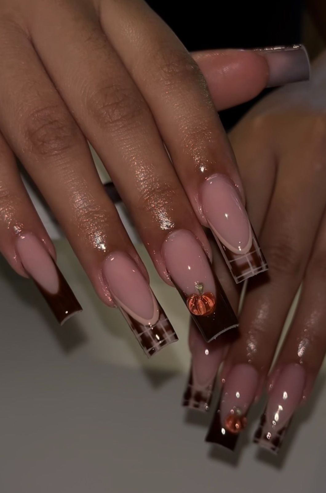 Chocolate Brown Plaid And 3d Pumpkin Fall Nails