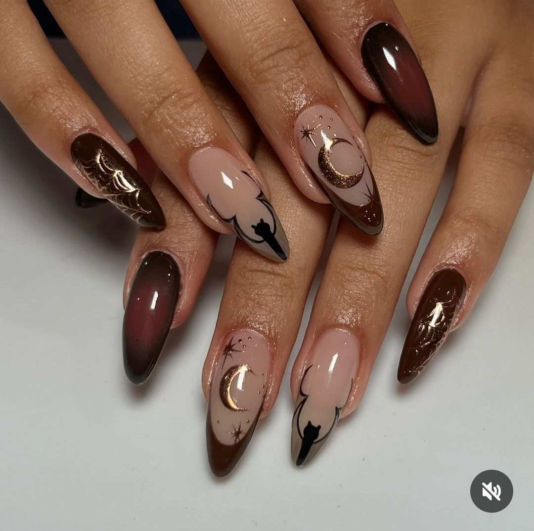 Chocolate Jelly Gold Moon And Cat Witchy Halloween Nails