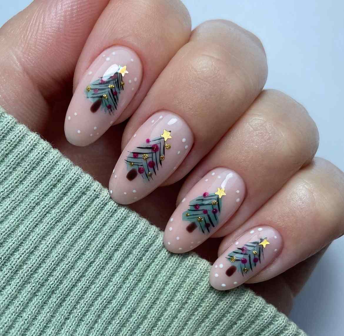 Christmas Tree Nude Almond Short Nails