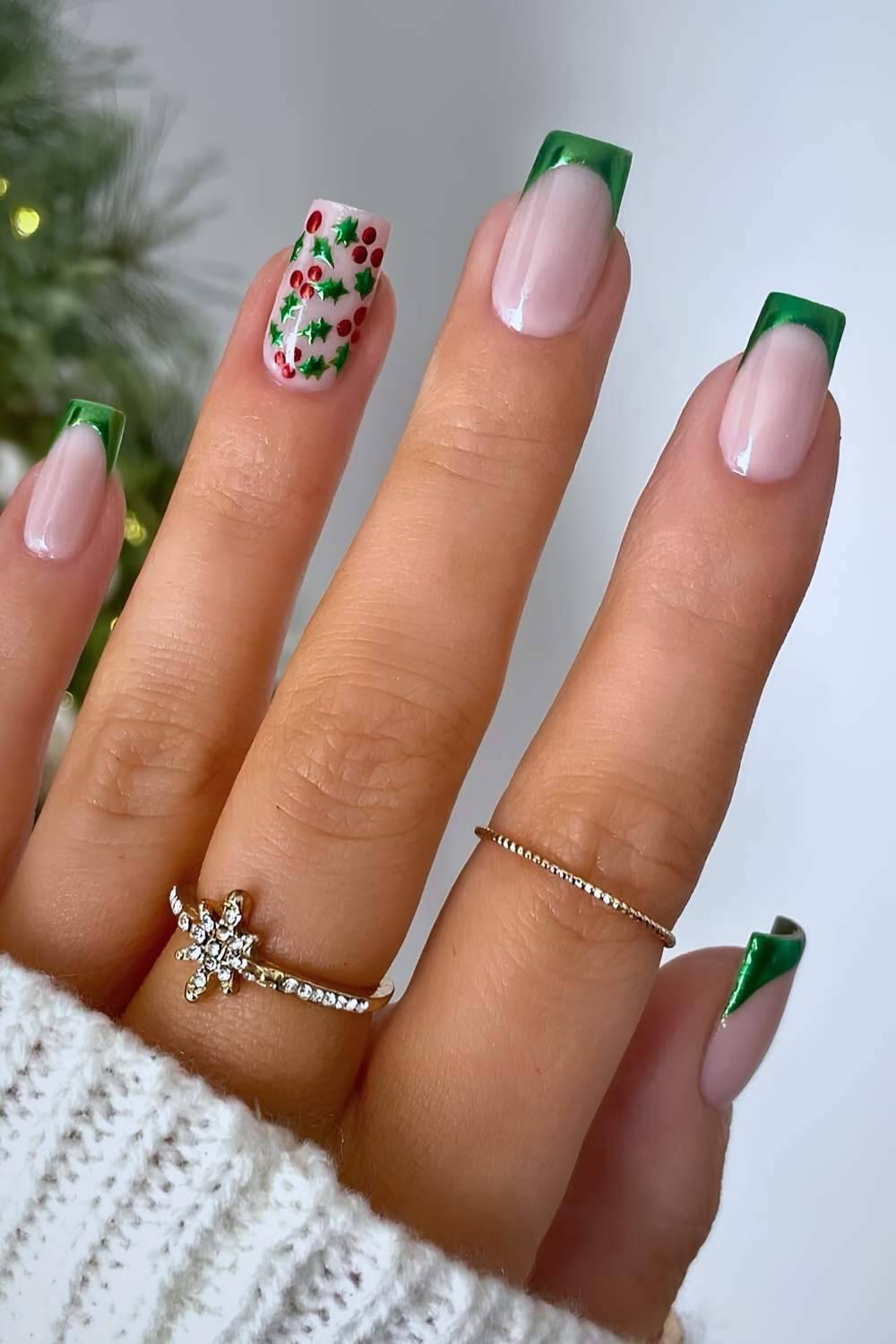 Chrome Green French Holly Nails
