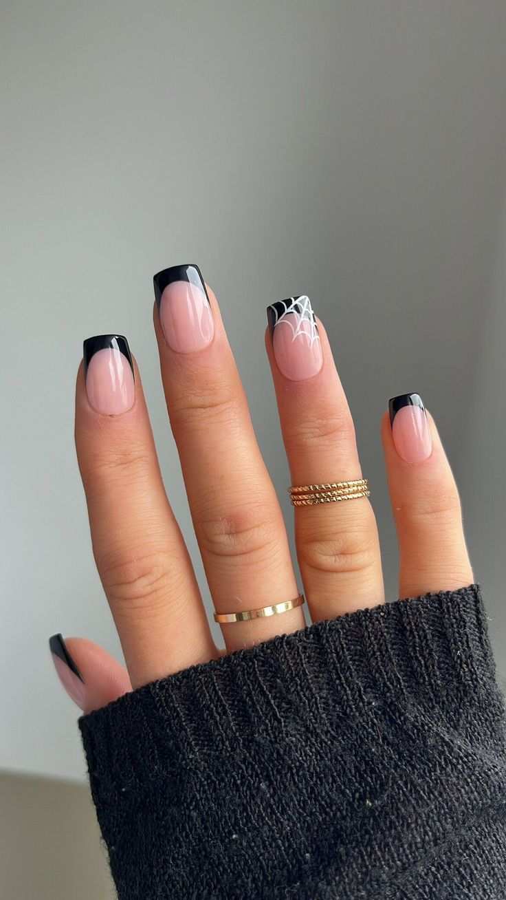 Classic Glossy Black French Tip Short Square Nails With Spiderweb