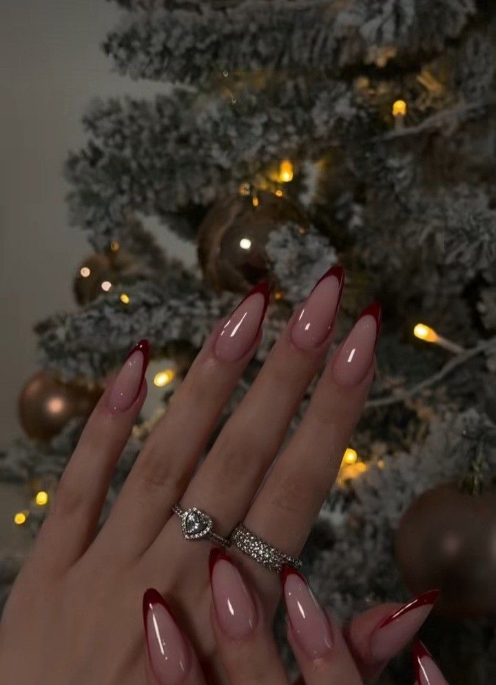 Classy Deep Red French Tip Almond Christmas Nails
