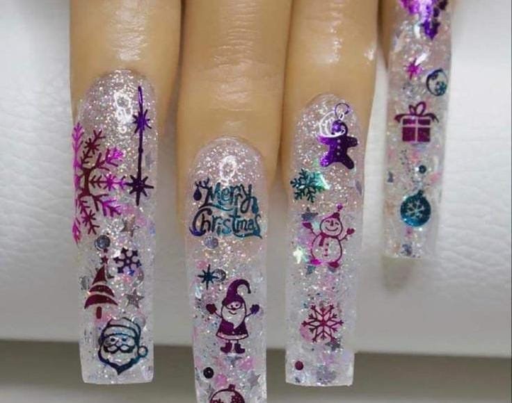 Clear Glitter Frosty Long Christmas Nails