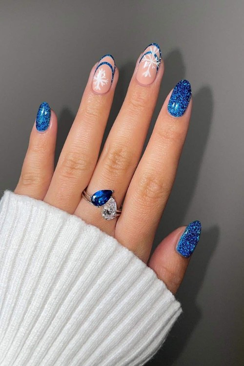 Cobalt Glitter Snowflake Nails