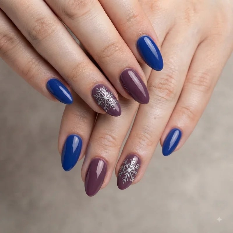 Cobalt Plum Snowflake Almond Nails