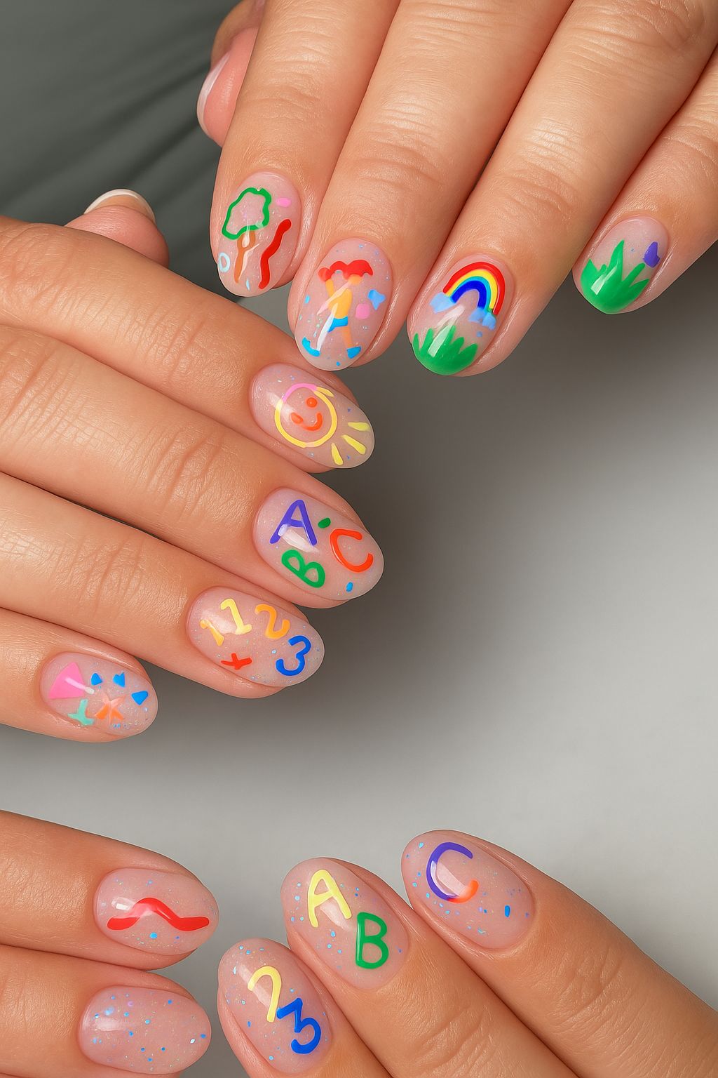 Vibrant multi-colored coffin nails with glossy rainbow wax drip art for back to school.