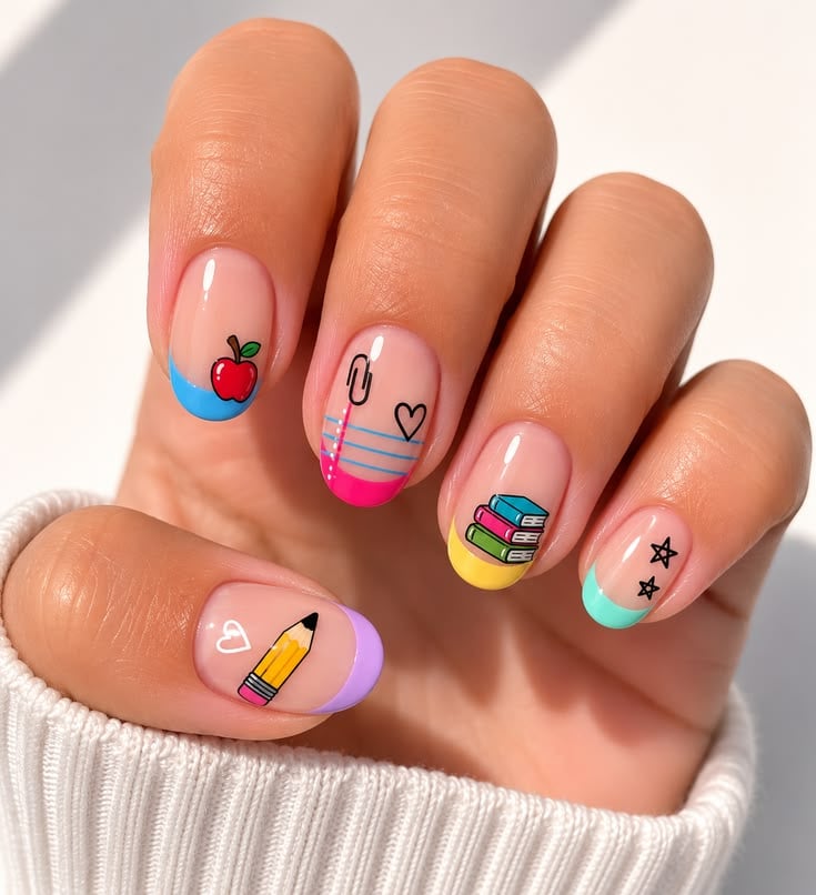 Colorful short round nails painted in pastel pink, mint, yellow, and lavender for school.