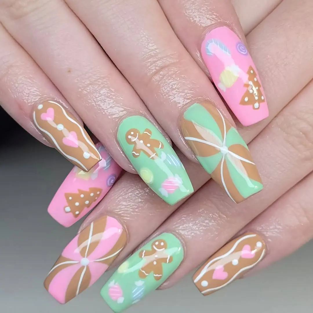 Colorful Candy Gingerbread Man Nails