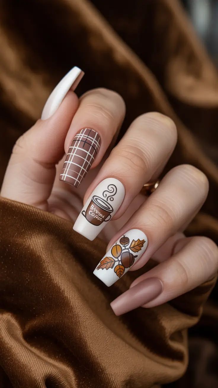 Cozy Brown Plaid Coffee Mug And Acorn Coffin Fall Nails