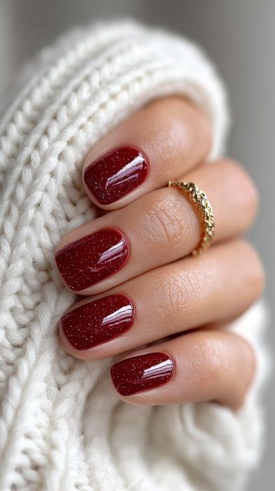 Cozy Deep Red Shimmer Short Nails With Knit Sweater