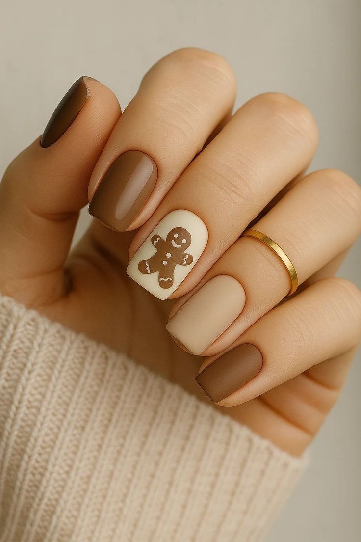 Cozy Gingerbread Man Cookie Brown Christmas Nails