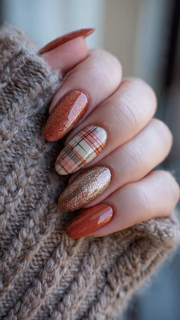 Cozy Plaid And Copper Shimmer Autumn Almond Nails