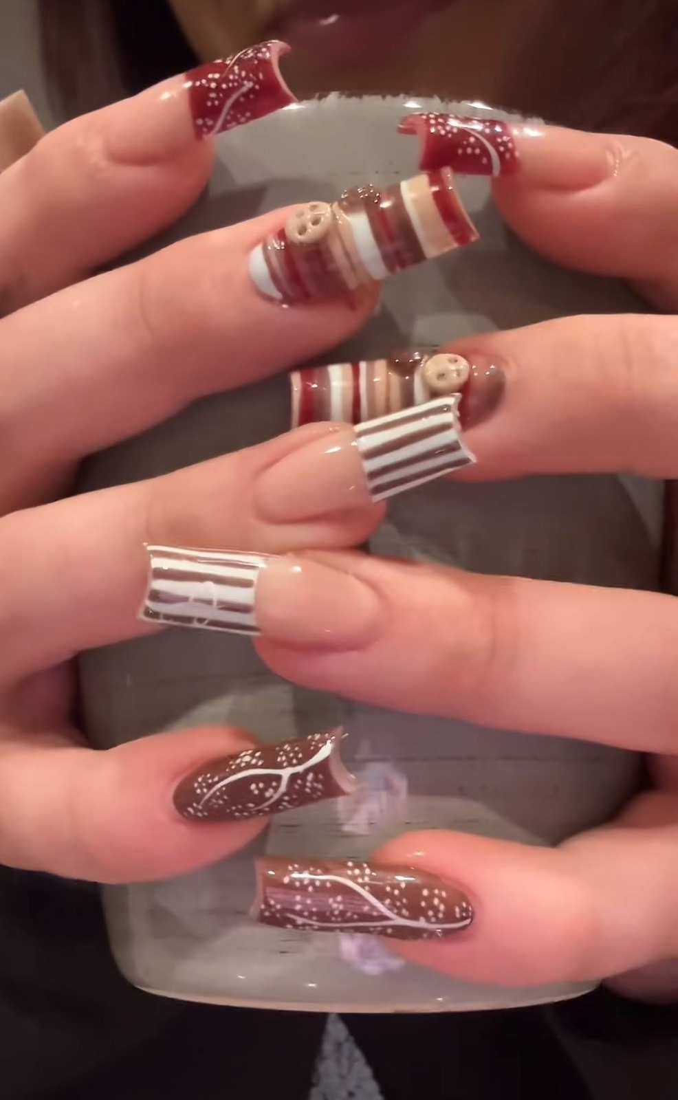 Cranberry And Chocolate Striped French Tip Fall Nails