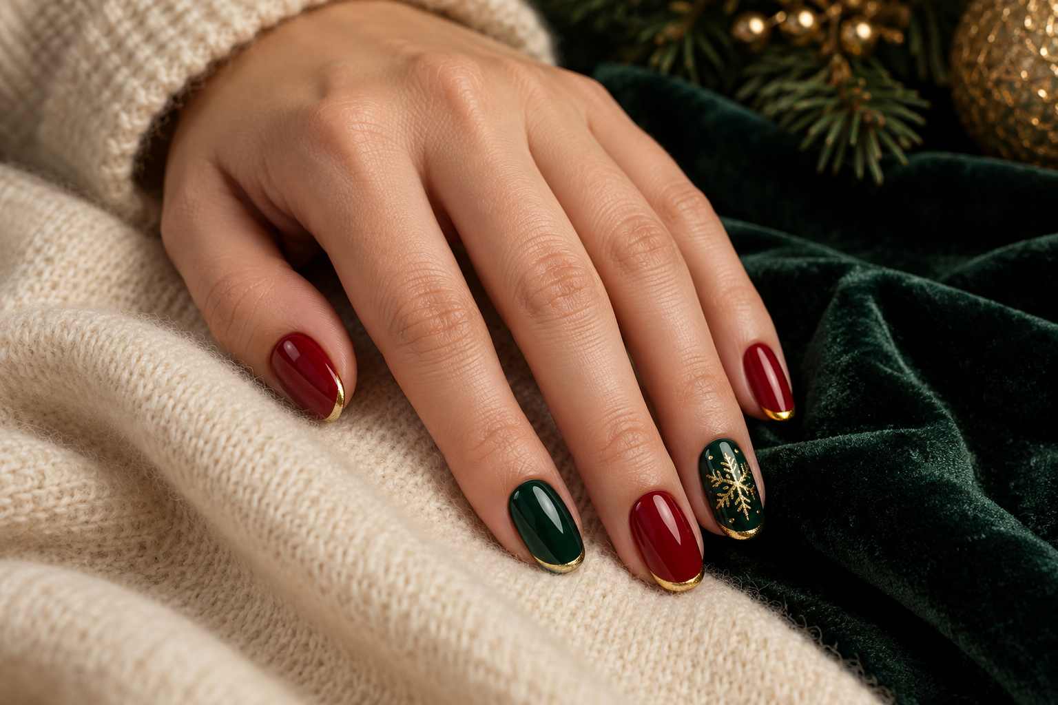 Cranberry Emerald Snowflake Nails
