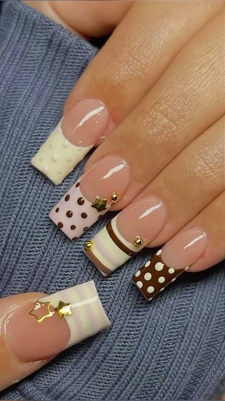 Cream And Brown Striped Star French Tip Fall Nails
