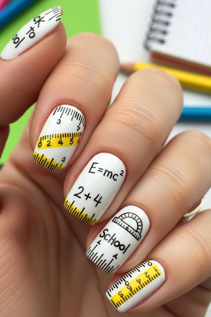 Medium square nails featuring mixed chalkboard, paper, and pencil nail art designs.