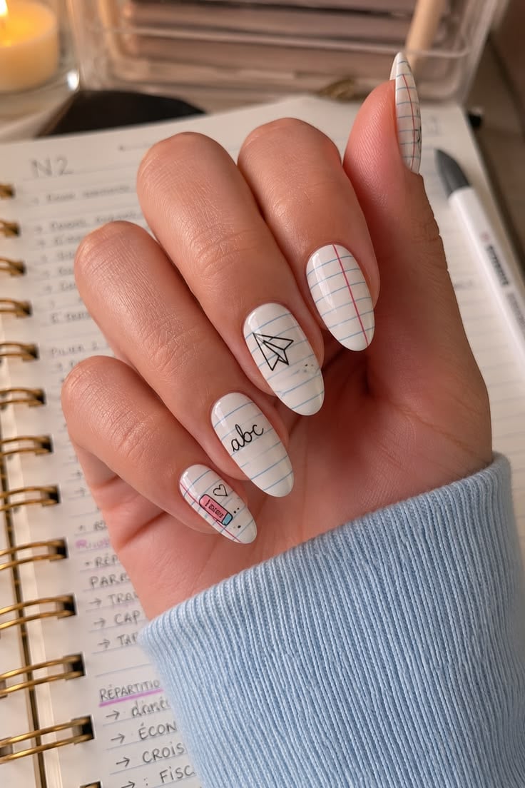 Almond nails with realistic silver metal spiral binding details and notebook paper art.
