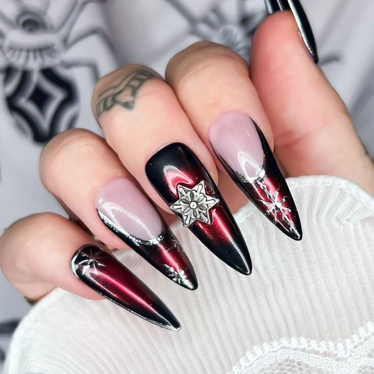Crimson Eclipse Chrome Goth Nails