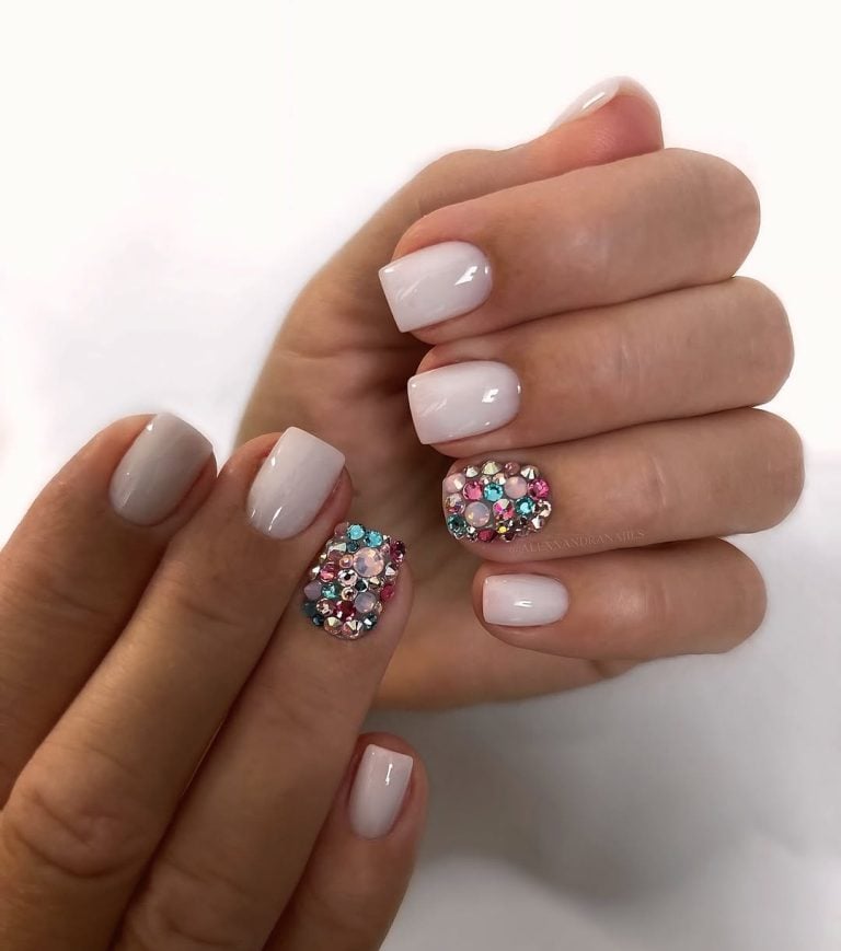 Short square shaped opal milky white nails with tiny crystals for bridal showers.
