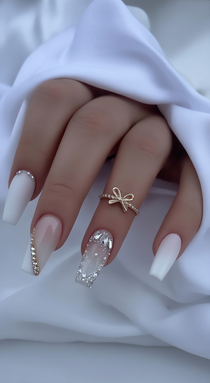 Crystal White Coffin Holiday Nails