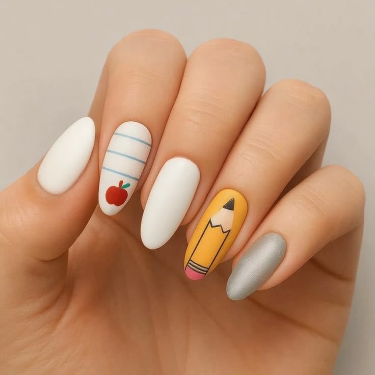 Short square pastel pink nails with cute yellow pencil graphics and white smiley faces.