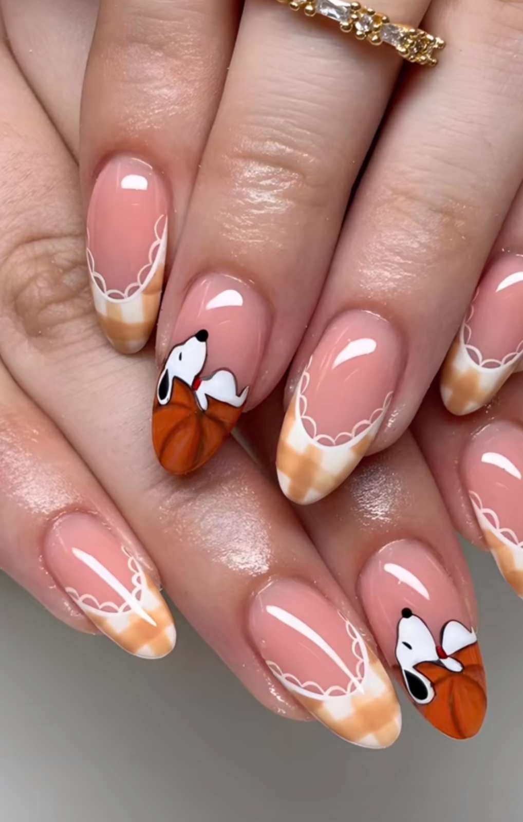 Cute Fall Snoopy On Pumpkin Gingham Plaid French Almond Nails