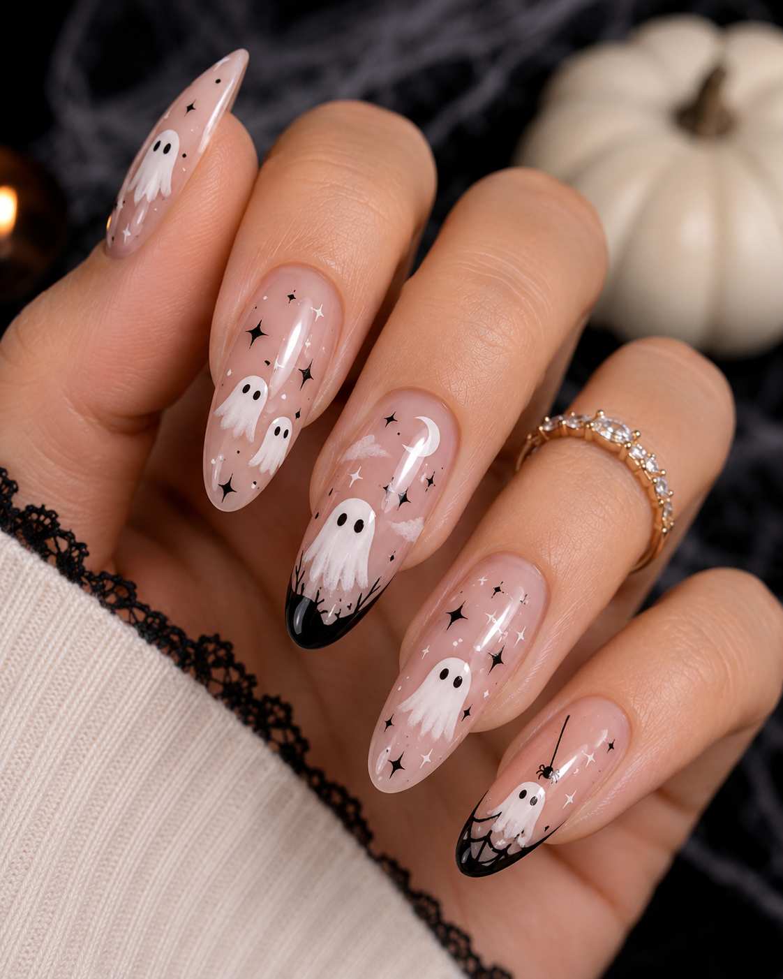 Cute Ghost And Night Stars Halloween Nails