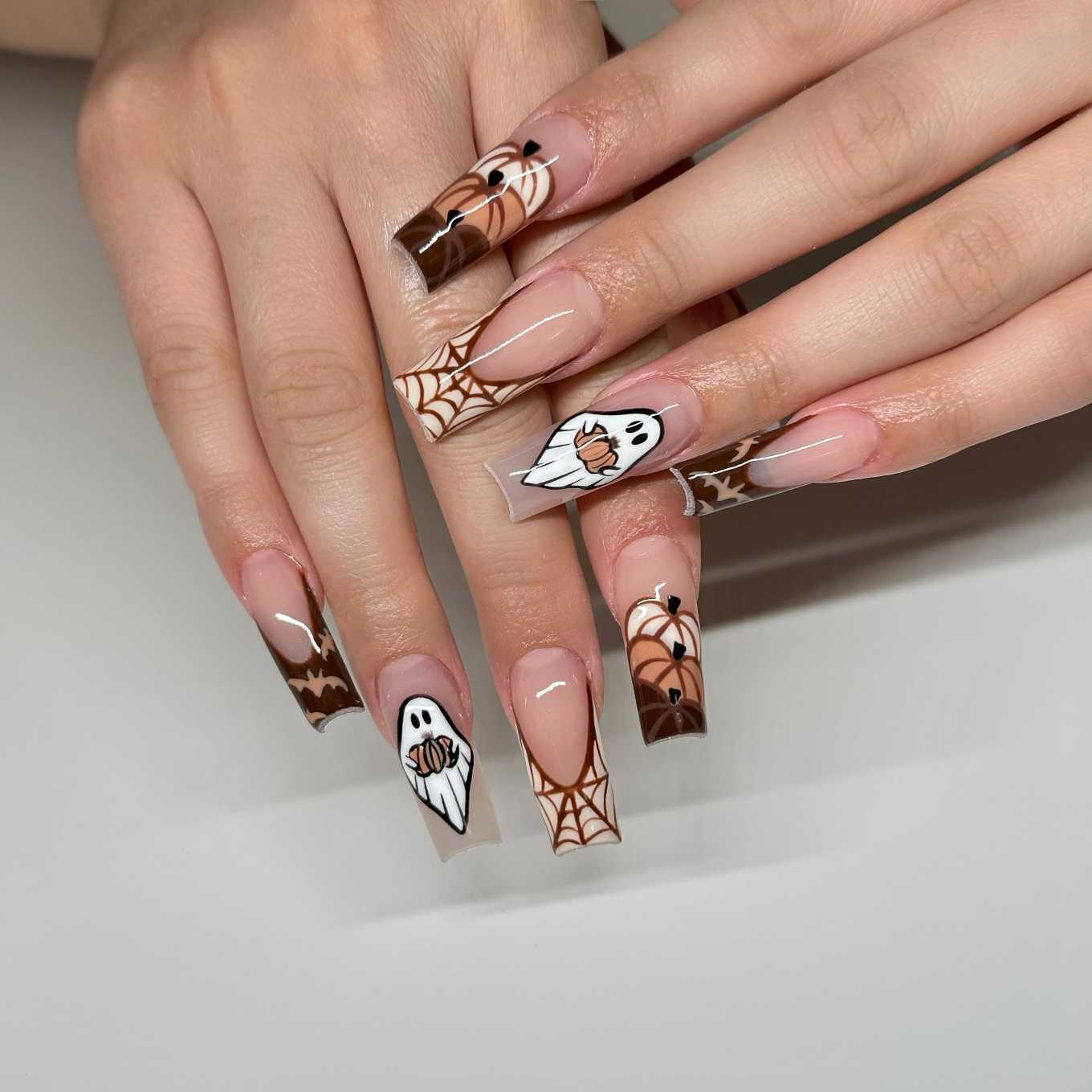 Cute Ghost And Pumpkin Spiderweb Halloween Fall Nails