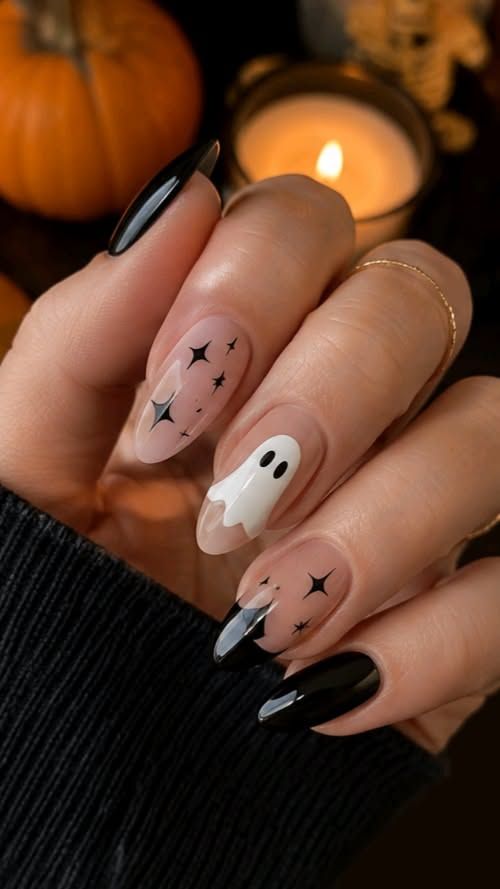 Cute Ghost And Sparkle Stars Almond Halloween Nails