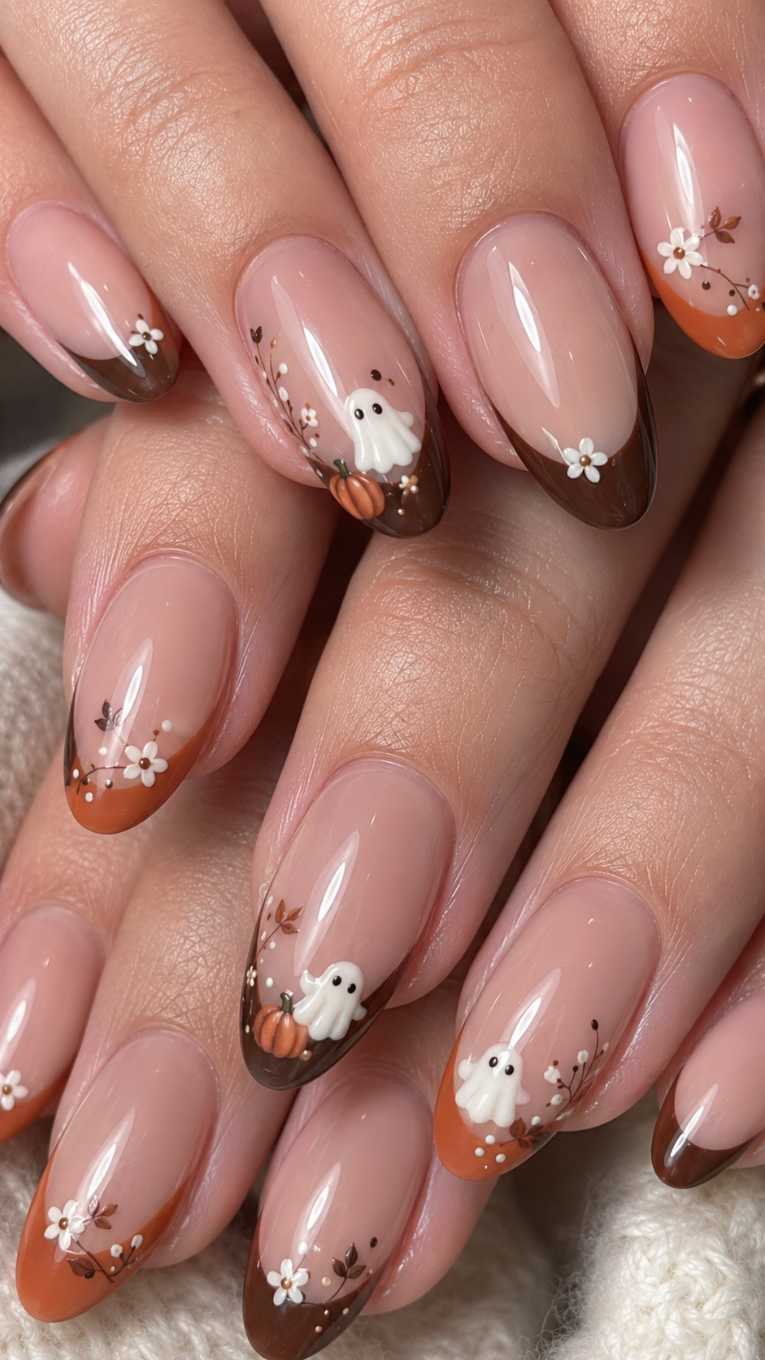 Cute Little Ghost And Pumpkin Autumn Floral Almond Nails