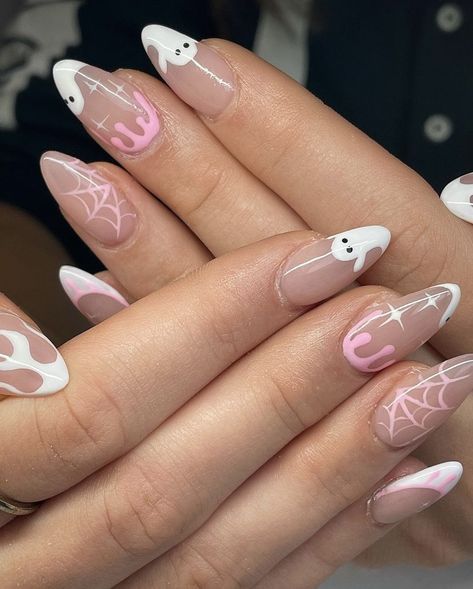 Cute Pastel Pink And White Ghost Drip Halloween Almond Nails