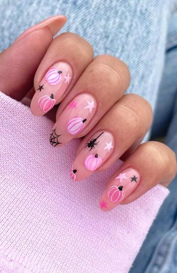 Cute Pastel Pink Pumpkin And Spider Halloween Almond Nails
