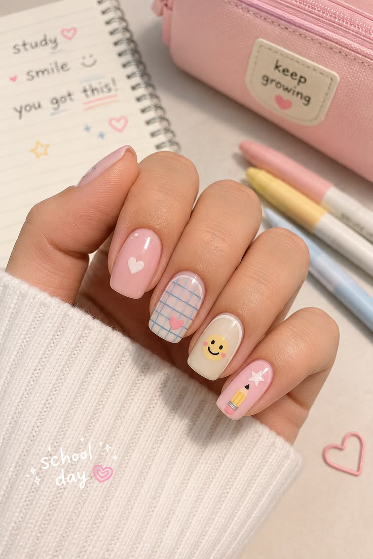 Short round nude nails with tiny red micro apple nail art and glossy finish.