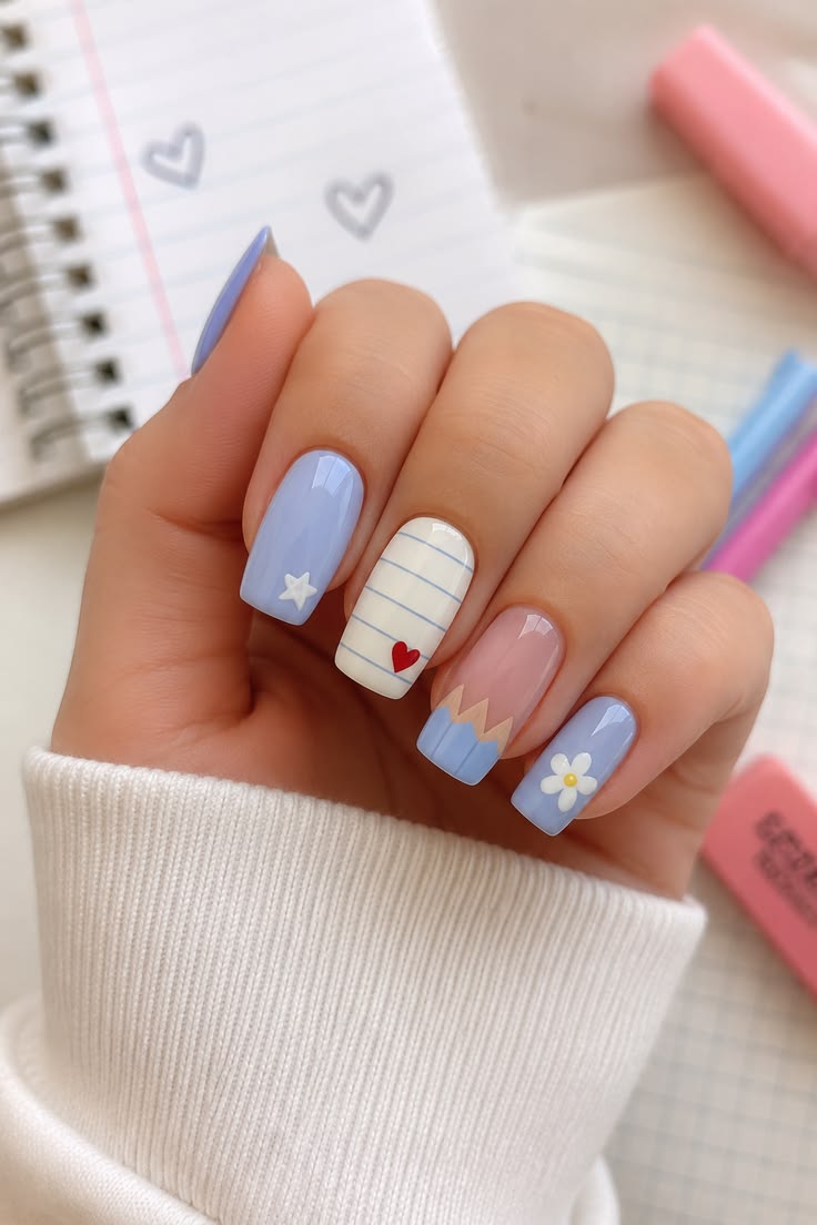 Almond nude nails with soft yellow ruler stripe tips and ultra gloss finish.