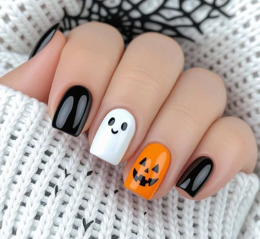 Cute White Ghost And Jack O Lantern Short Square Halloween Nails