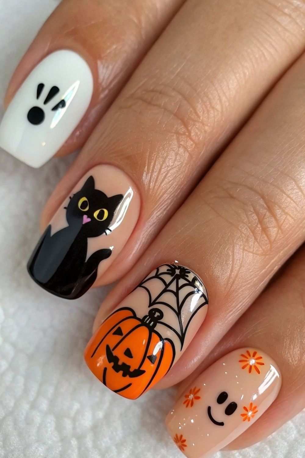 Cute Black Cat Pumpkin And Floral Ghost Short Halloween Nails