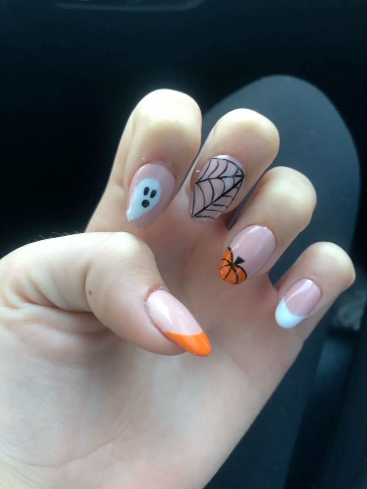 Cute Ghost Pumpkin Spiderweb French Tip Halloween Nails