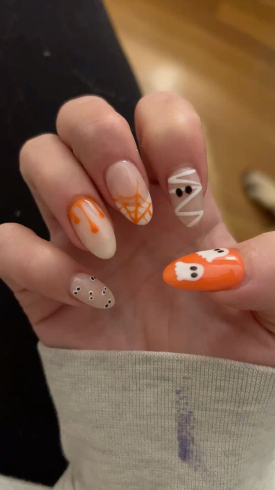 Cute Mummy And Ghost Orange Spiderweb Almond Halloween Nails