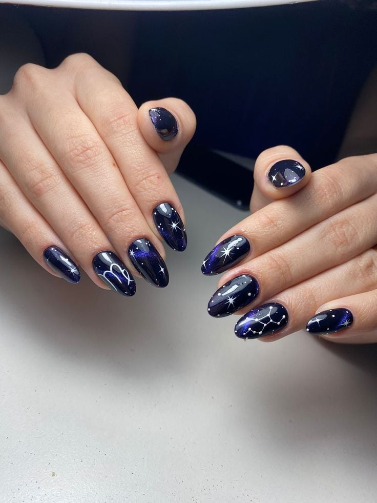 Dark Blue Celestial Virgo Nails