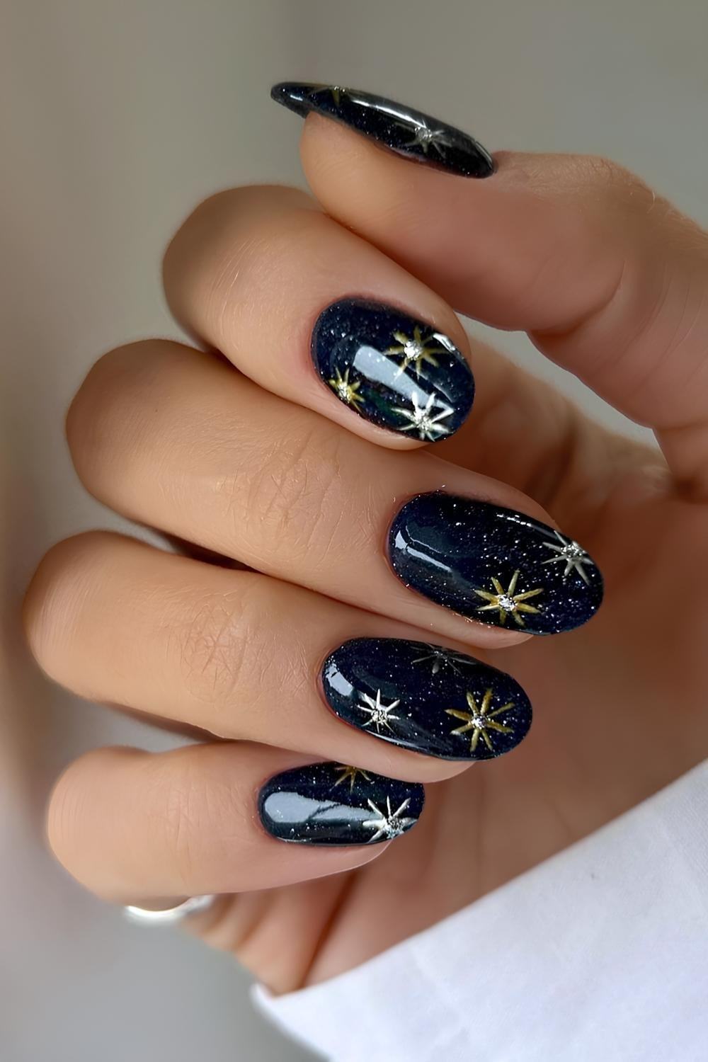 Dark Blue Gold Star Nails