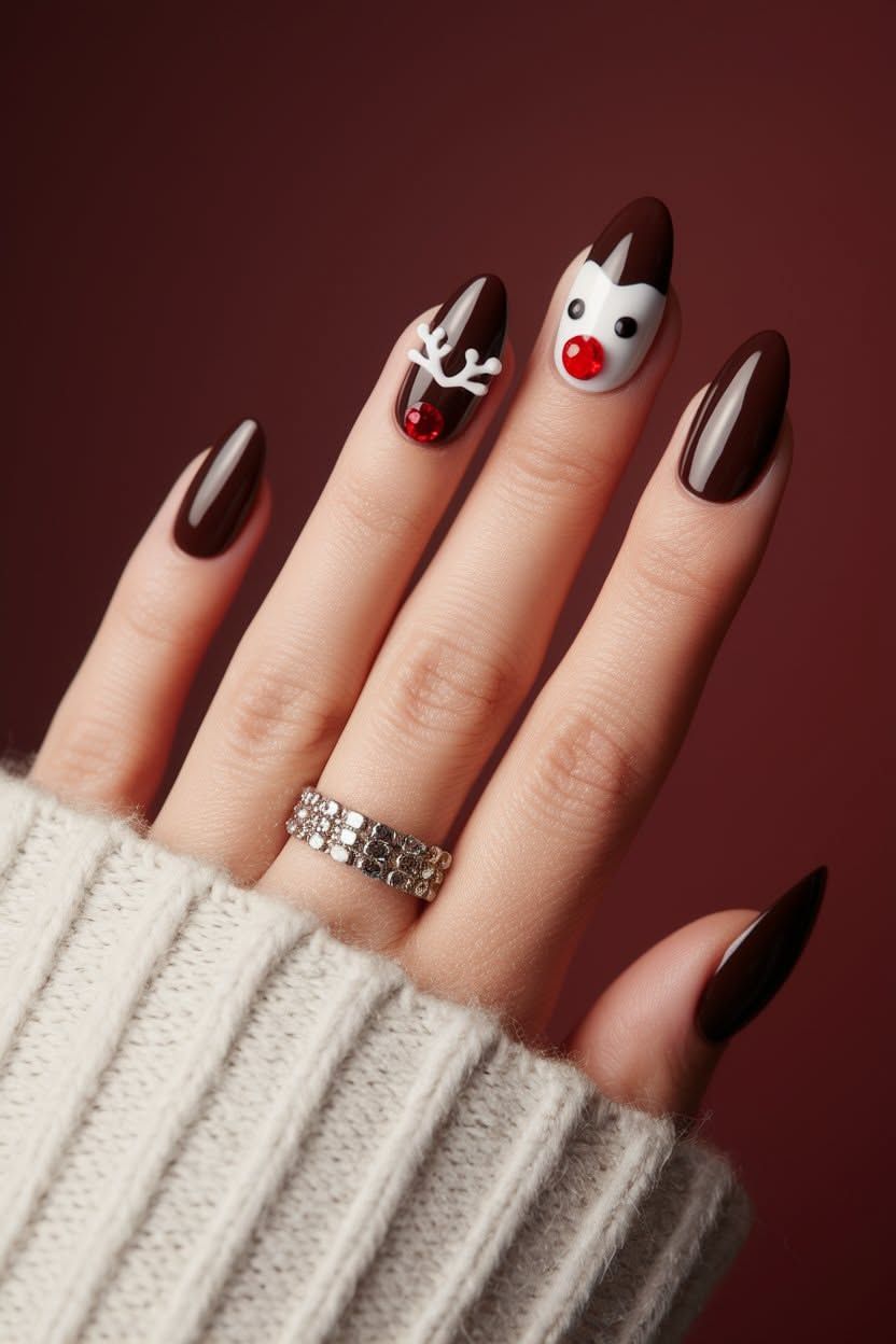 Dark Chocolate Rudolph Reindeer Almond Christmas Nails